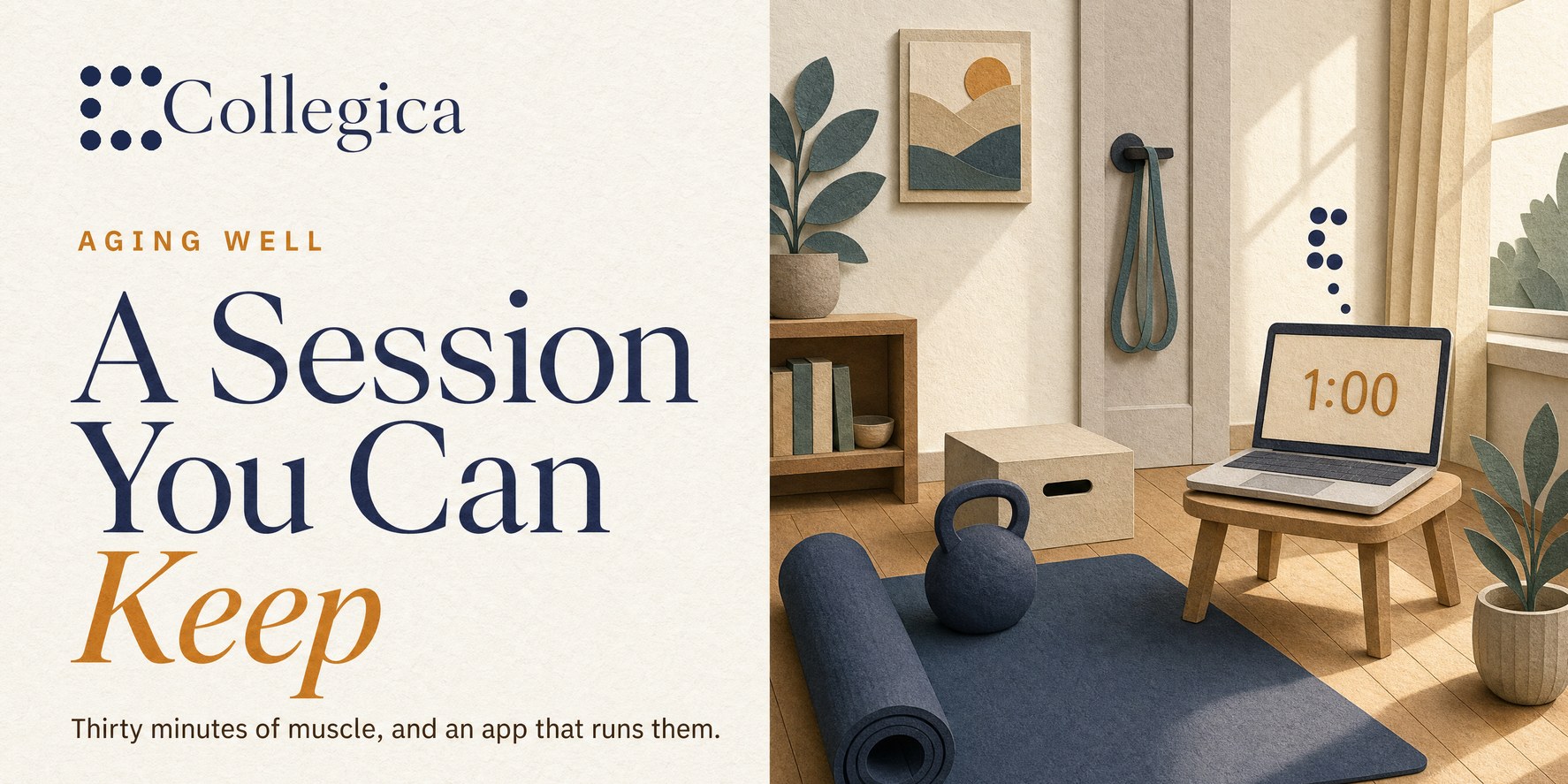 A paper-craft corner of a living room in morning light: a rolled-out mat, a kettlebell, a low step, a band on a door handle, and a laptop on a stool showing a countdown. Title: A Session You Can Keep.