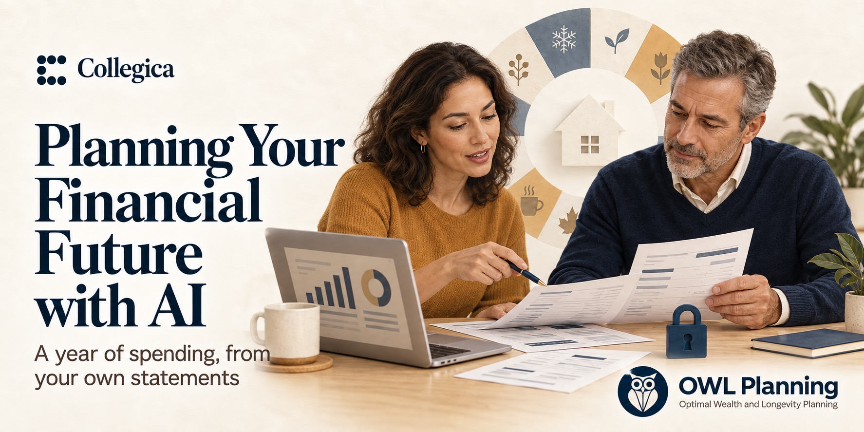 Planning Your Financial Future with AI — a year of
         spending, from your own statements. Two people at a kitchen table reading bank
         statements beside a laptop showing charts; the OWL Planning owl in the corner