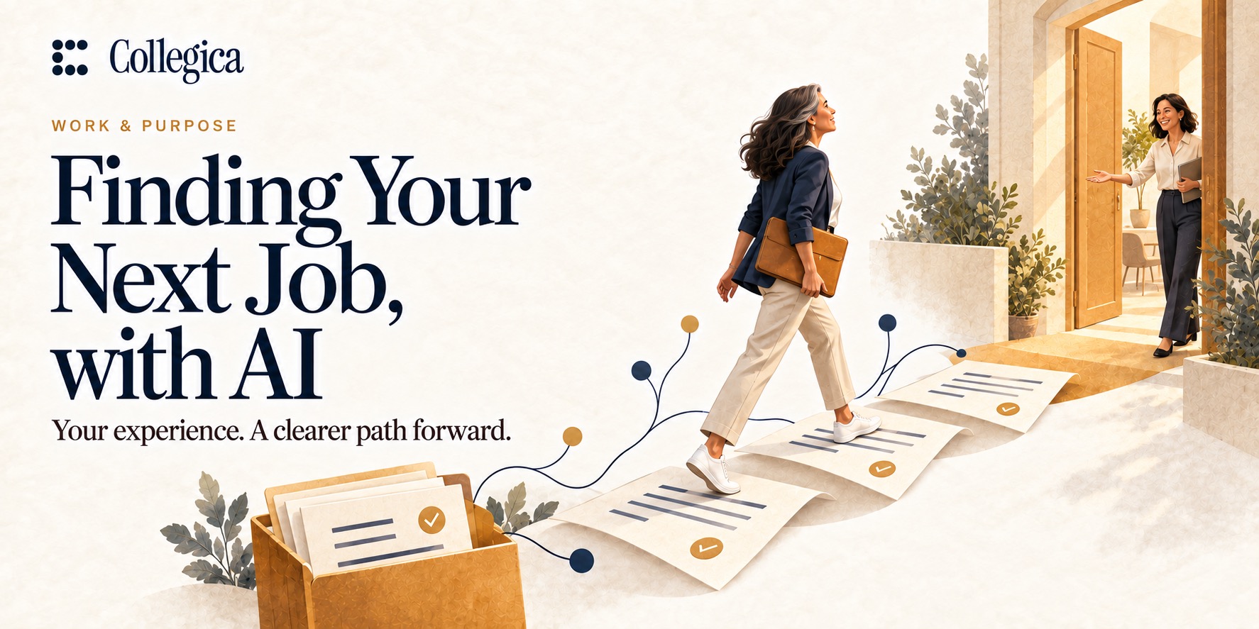 A woman crosses a path of résumé pages toward an open door where
     someone welcomes her in, with the headline: Finding Your Next Job, with
     AI — your experience, a clearer path forward