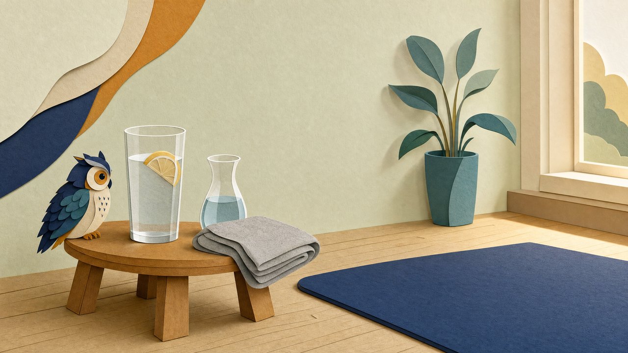 A glass of water on a stool beside the mat