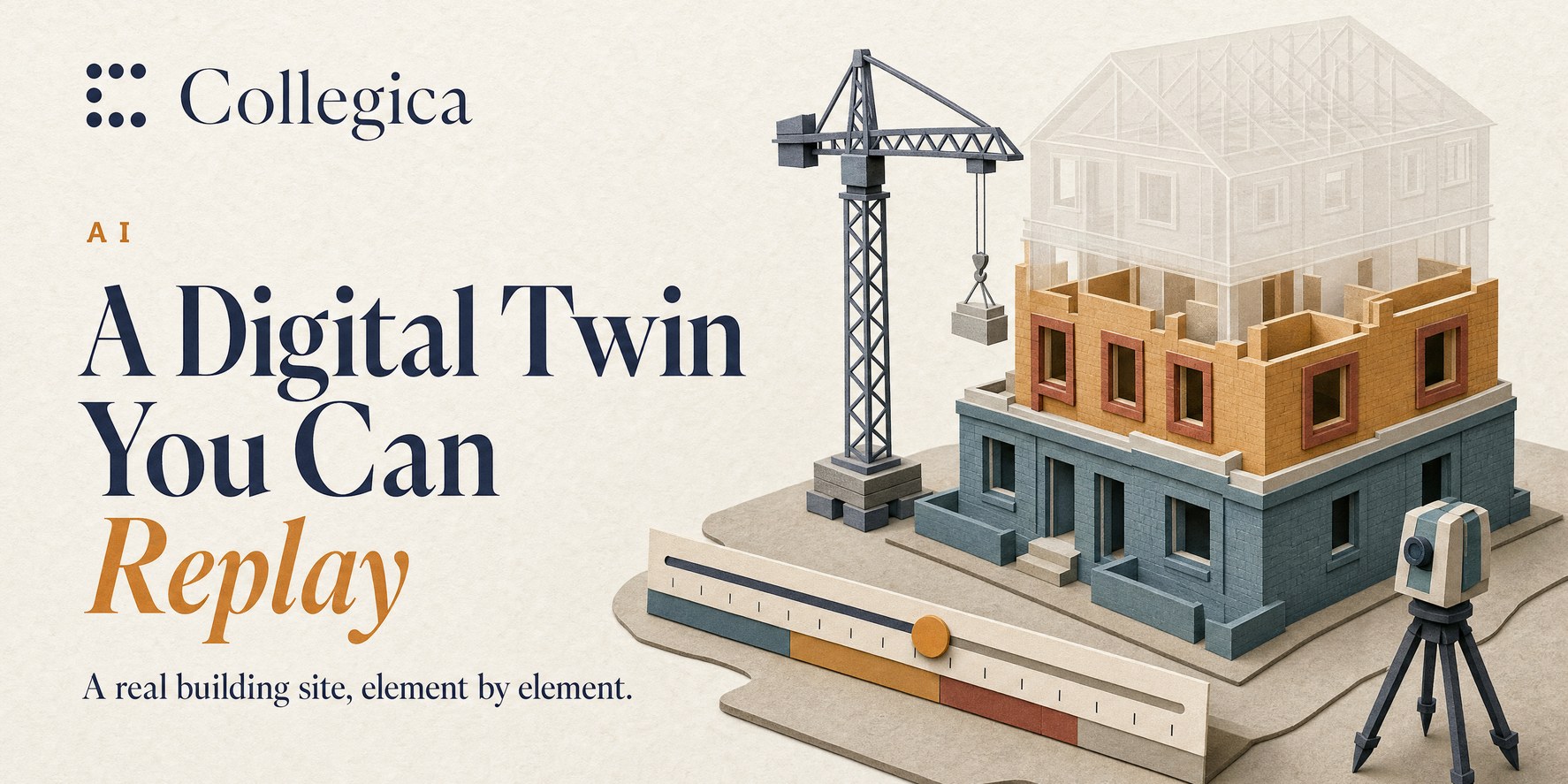 A paper-craft building site: a brick housing block whose lower floor is finished in teal, the floor under way in amber with window frames in red, and the upper floor and roof as a faint translucent outline; a tower crane beside it, a laser scanner on a tripod, and a timeline strip with a slider in front. Title: A Digital Twin You Can Replay.