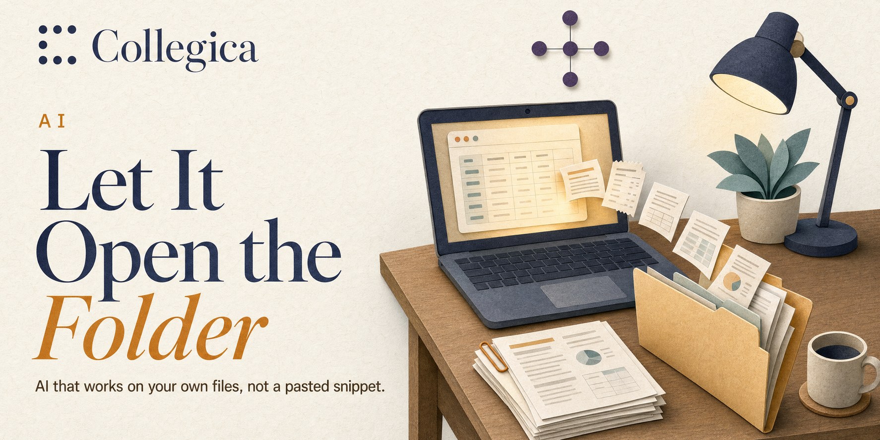 A paper-craft desk: an open laptop showing a spreadsheet, receipts and pages rising from an open manila folder toward it, a finished stack with an amber paper clip, a desk lamp, a plant, a mug, and the five-dot AI glyph above. Title: Let It Open the Folder.