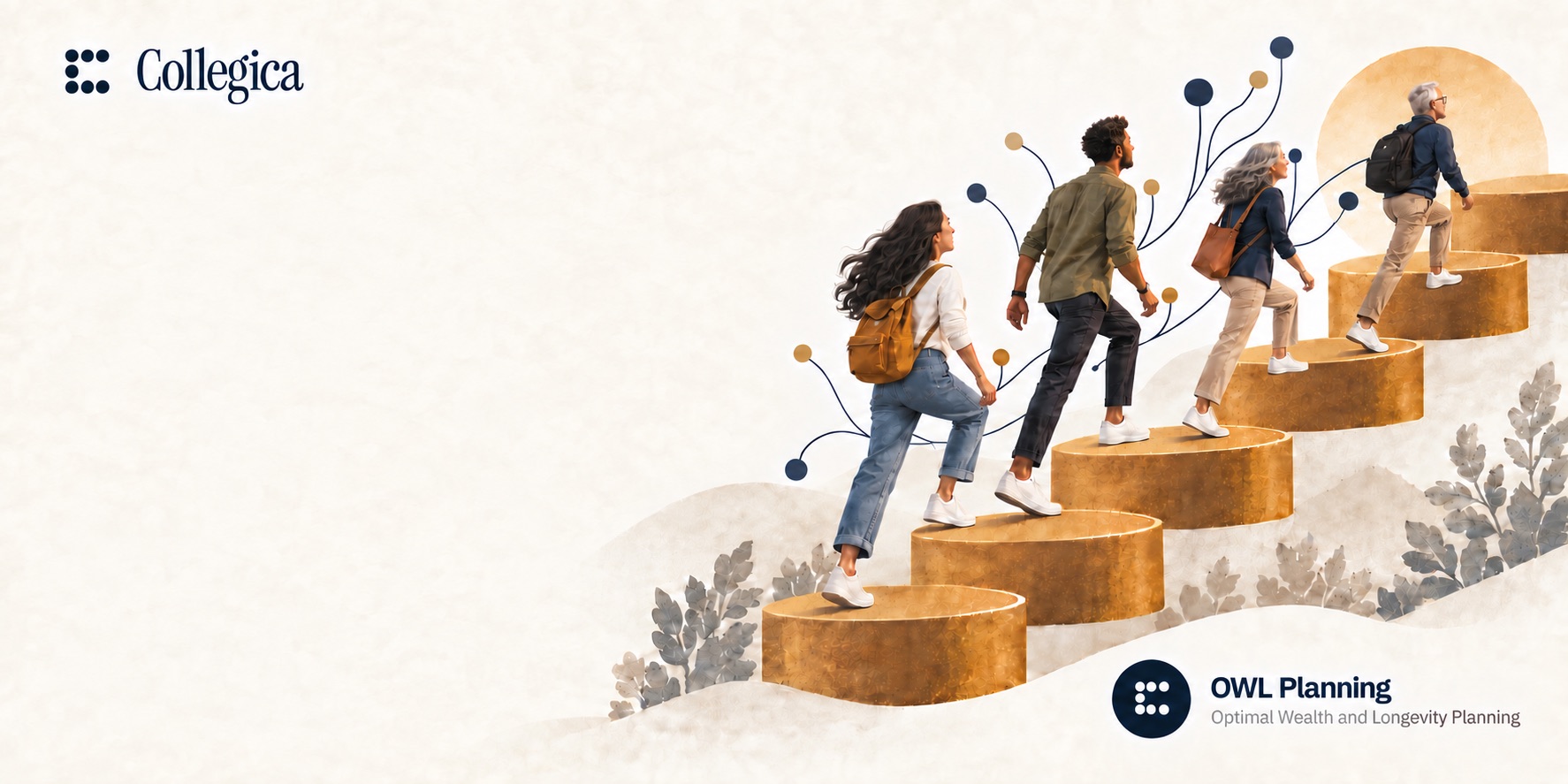 Four people of different ages climbing a rising
         staircase of gold discs