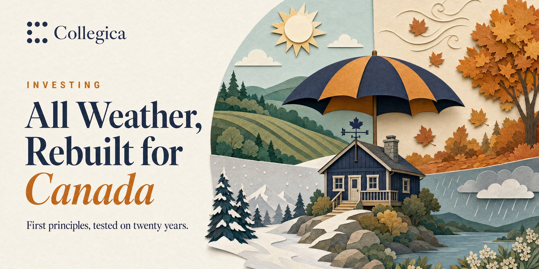 A paper-craft cabin on a hill under a navy and amber umbrella, with the four seasons around it: summer fields, autumn maples, winter pines in snow, and spring rain over a lake. Title: All Weather, Rebuilt for Canada. First principles, tested on twenty years.