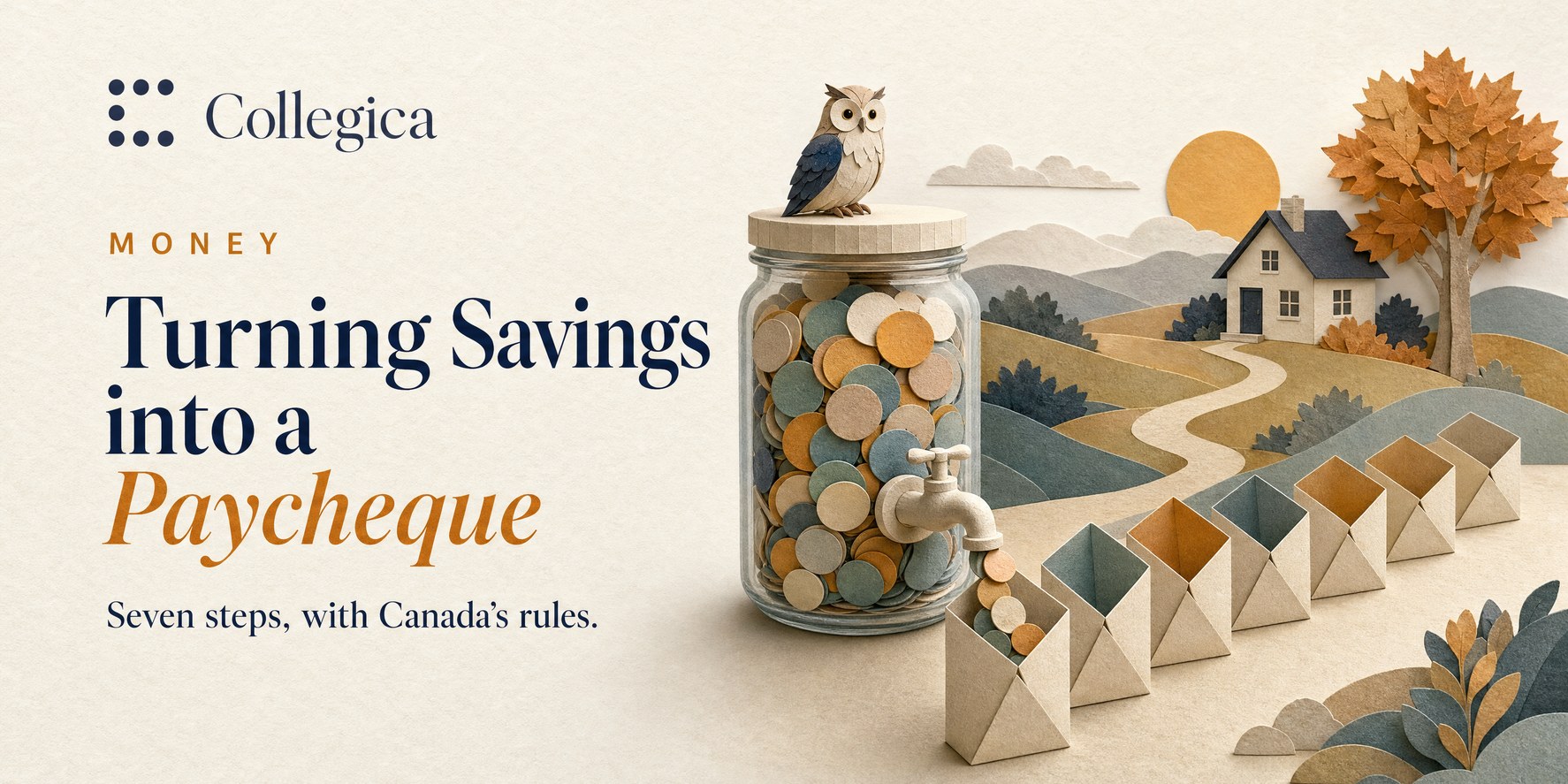 A paper-craft scene: a glass jar of coins with a small tap at its base, a paper owl on the lid, and coins flowing into a row of seven paper cups along a path toward a cottage under an autumn maple. Title: Turning Savings into a Paycheque. Seven steps, with Canada's rules.