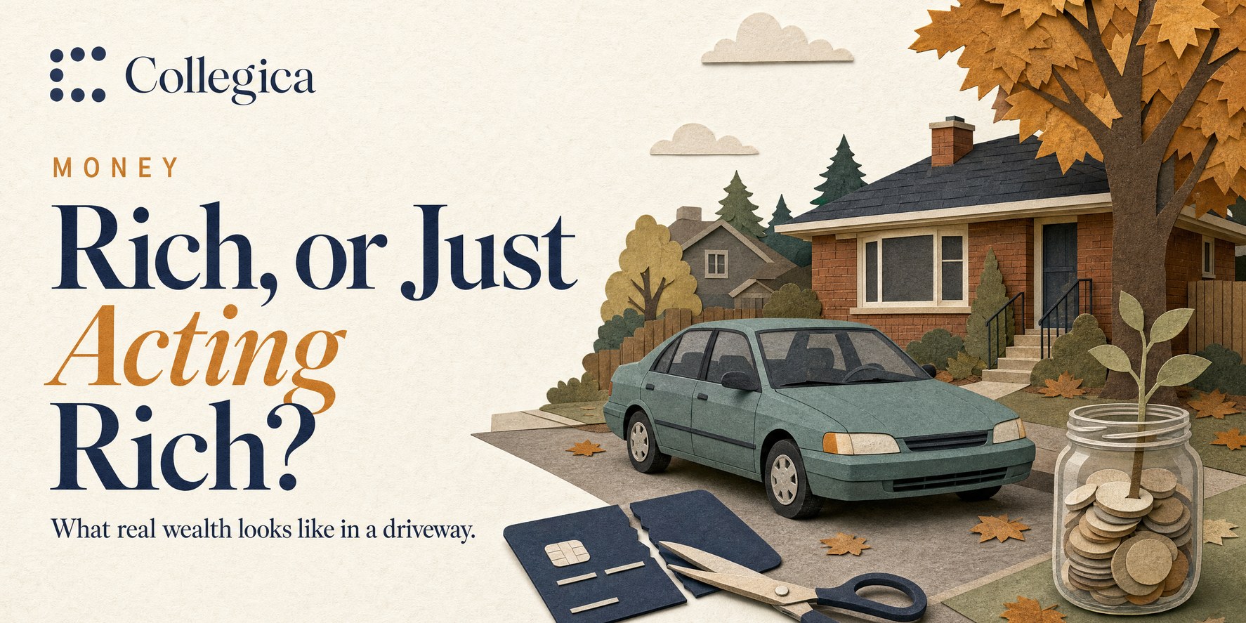 A paper-craft driveway: a plain older teal sedan outside a modest brick bungalow under an autumn maple, a credit card cut in two by scissors in the foreground, and a jar of coins with a sapling growing from it. Title: Rich, or Just Acting Rich? What real wealth looks like in a driveway.