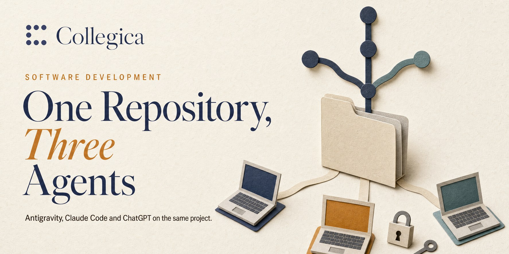 A paper-craft folder with a git branch tree growing out of it, three laptops connected to it by paper paths, a padlock and a key. Title: One Repository, Three Agents.